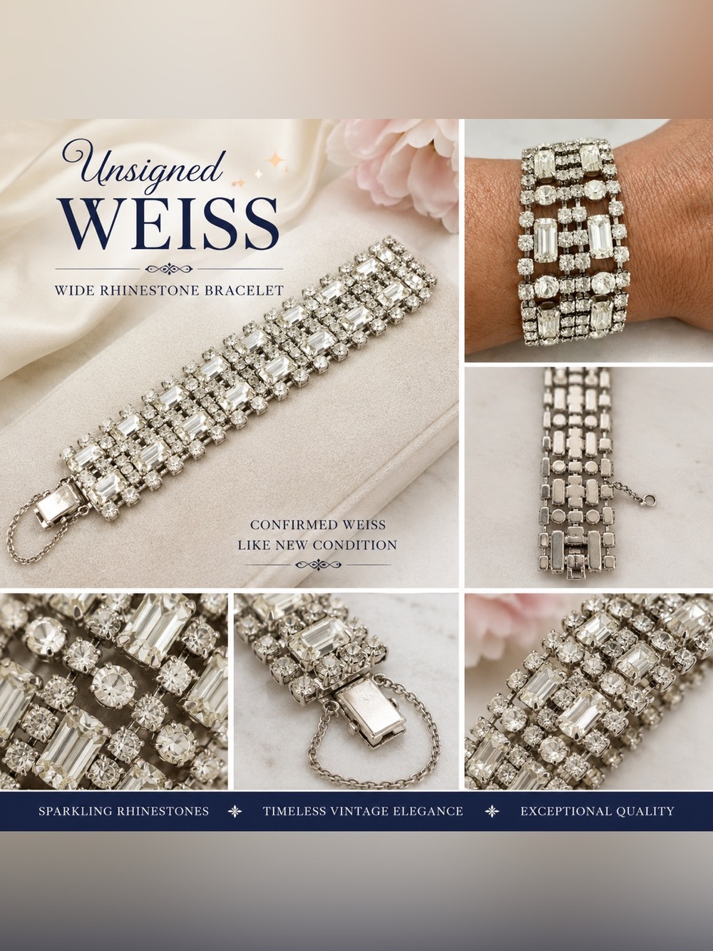 Unsigned Wide Weiss Silver-Tone Clear Rhinestone Bracelet